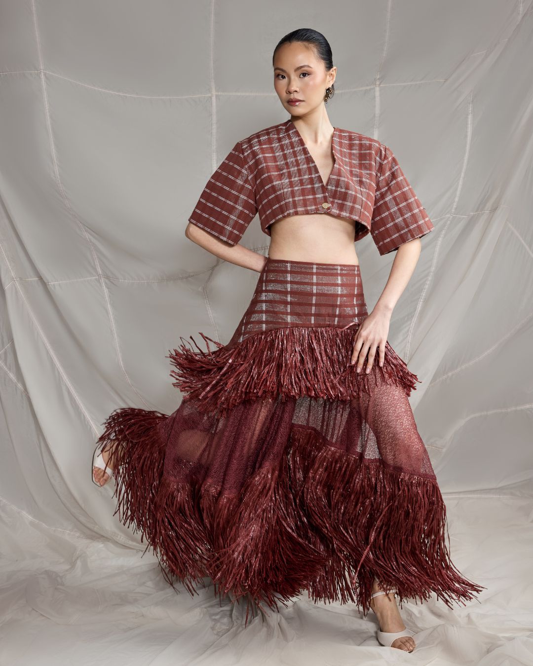 Brown Ano Layered Raffia Skirt