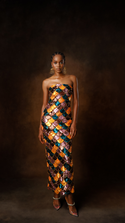 Isura Dress, strapless column silhouette in rainbow fish sequin, front view.