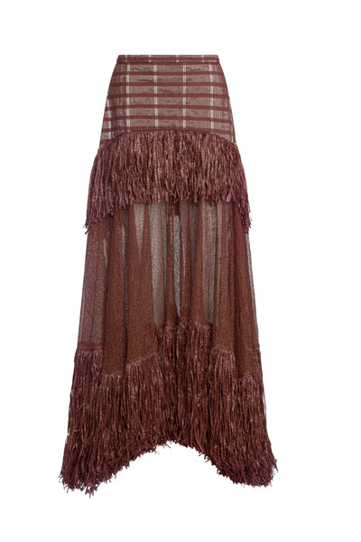 Brown Ano Skirt — handwoven cotton with semi-sheer mesh overlay, front view