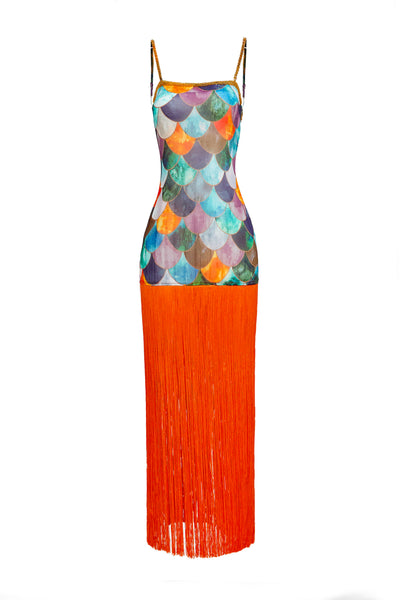 Kíléntár Eri Dress chiffon, gold beadwork, orange tassel fringe hem, Mami Wata inspired African fashion UK